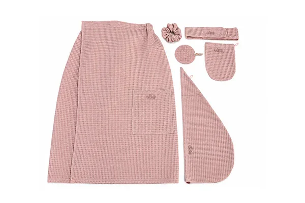 ZESTAW bawełniany DOMOWE SPA PREMIUM <br> opaska, turban, myjka, wacik, gumka do włosów, tunika